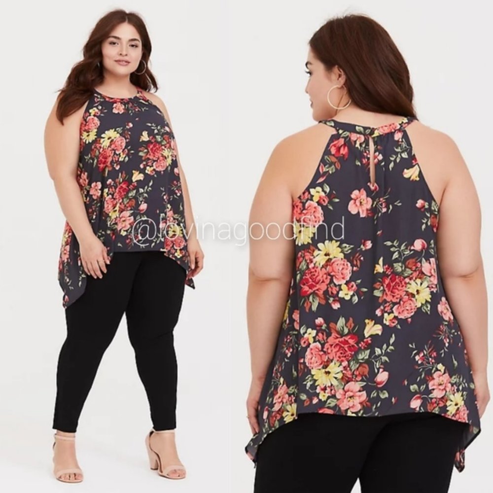 TORRID DARK GREY FLORAL SHARKBITE GODDESS TANK EUC sz 1
